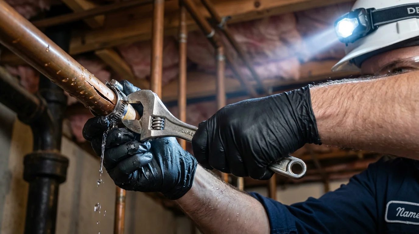 Emergency pipe clamp repair being performed by a Johns Plumbing LLC plumber in Dixon
