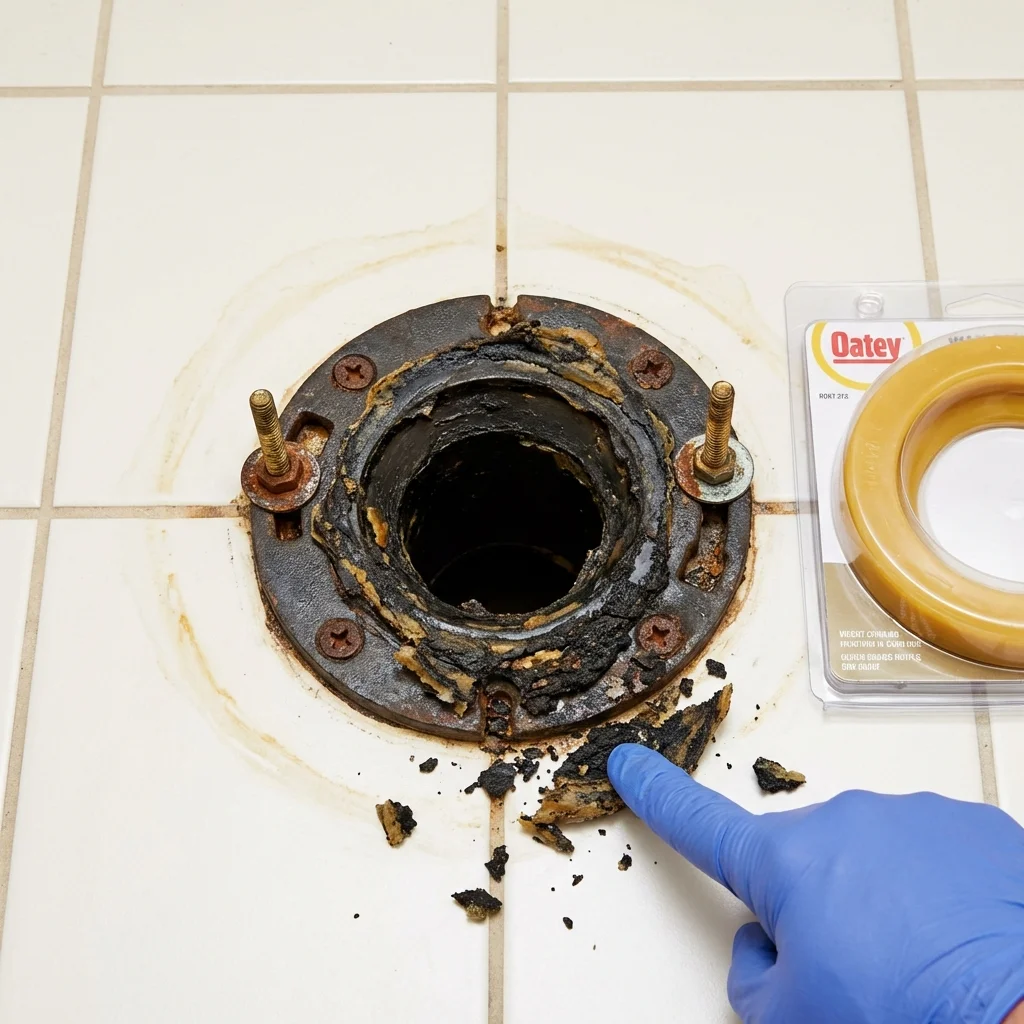 Failed wax ring showing water seepage at the base of a toilet in a Dixon, IL home
